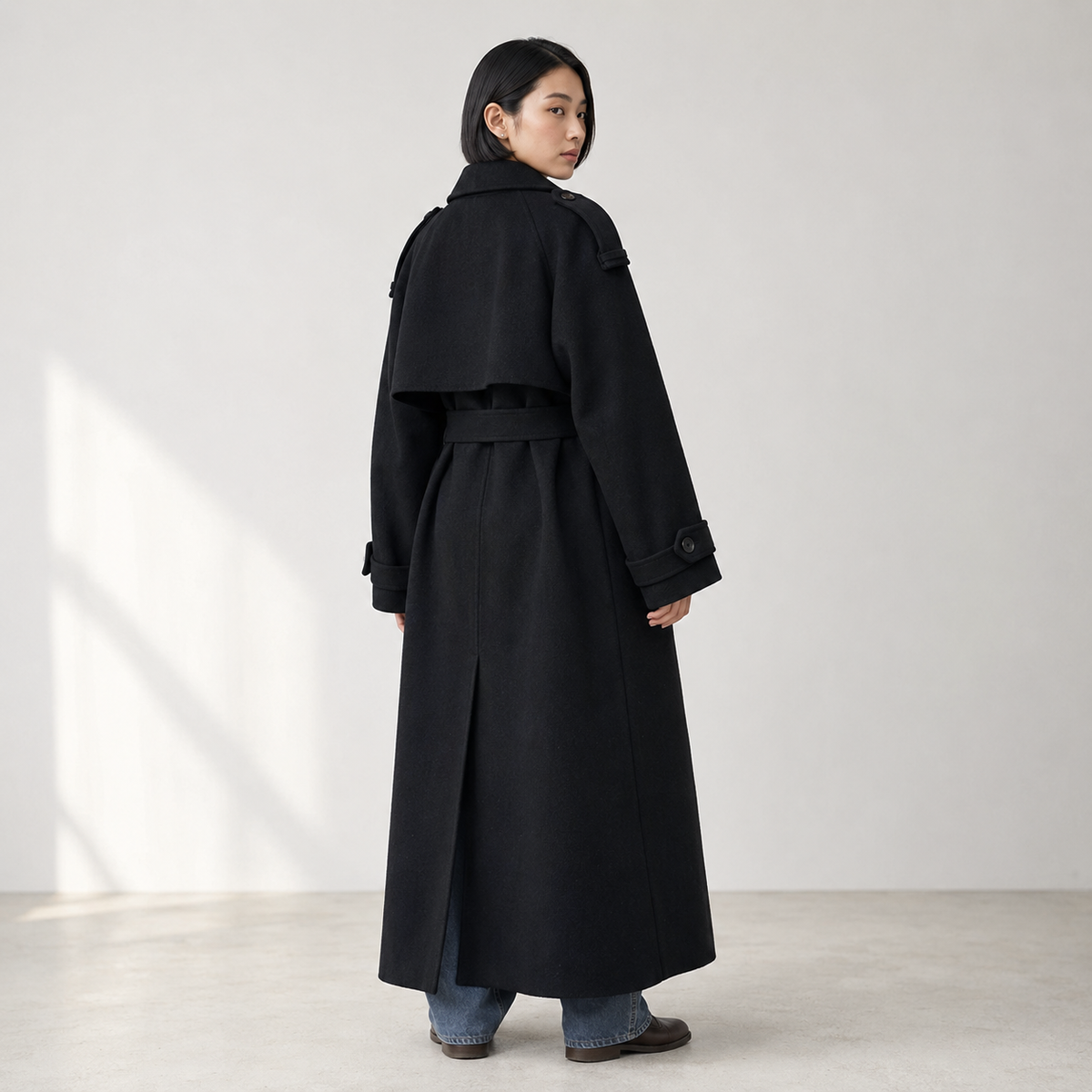 Seraphina | Black Double-Breasted Long Trench Coat