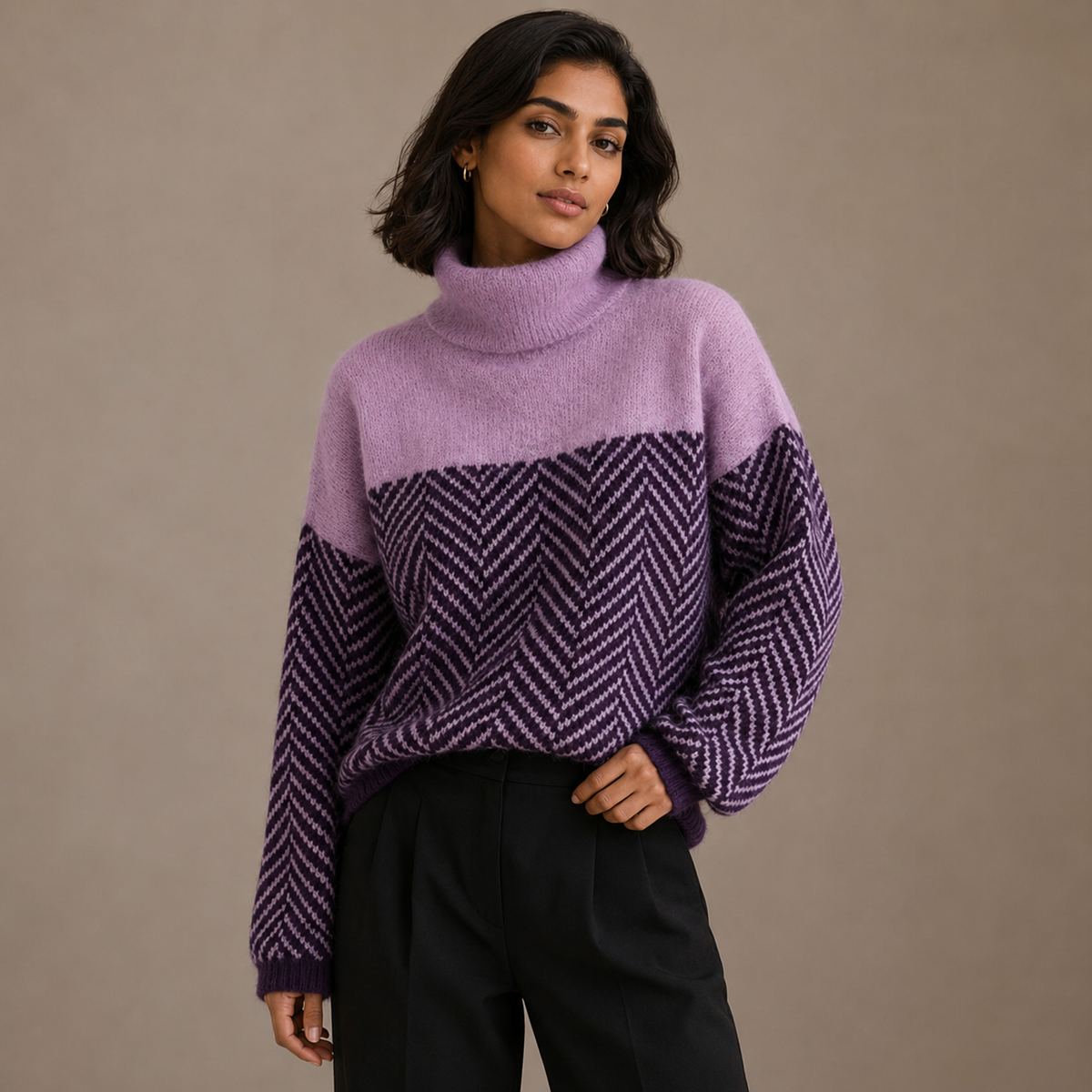 Isolde | Oversized Herringbone Turtleneck Sweater
