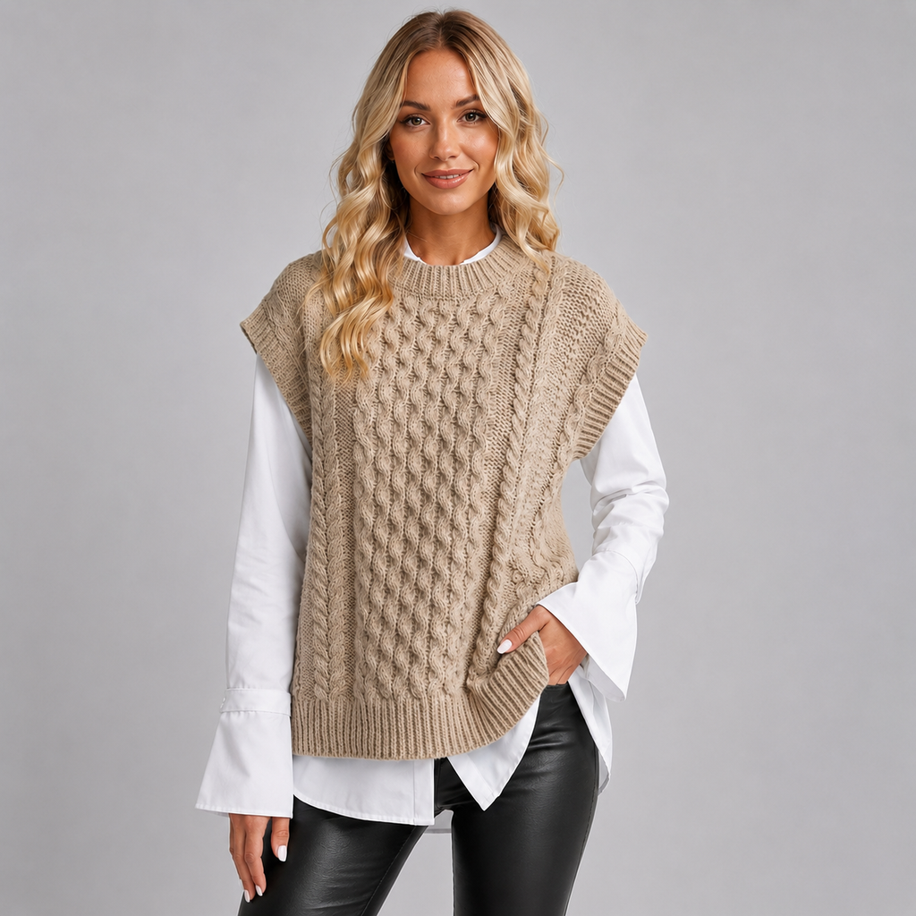 Knitted Vest Womens Cable Stitch Sleeveless Side Split Round Neck Longline