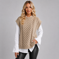 Knitted Vest Womens Cable Stitch Sleeveless Side Split Round Neck Longline