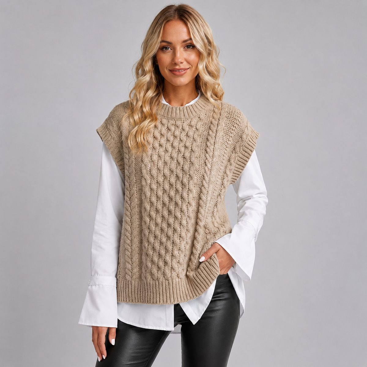 Knitted Vest Womens Cable Stitch Sleeveless Side Split Round Neck Longline