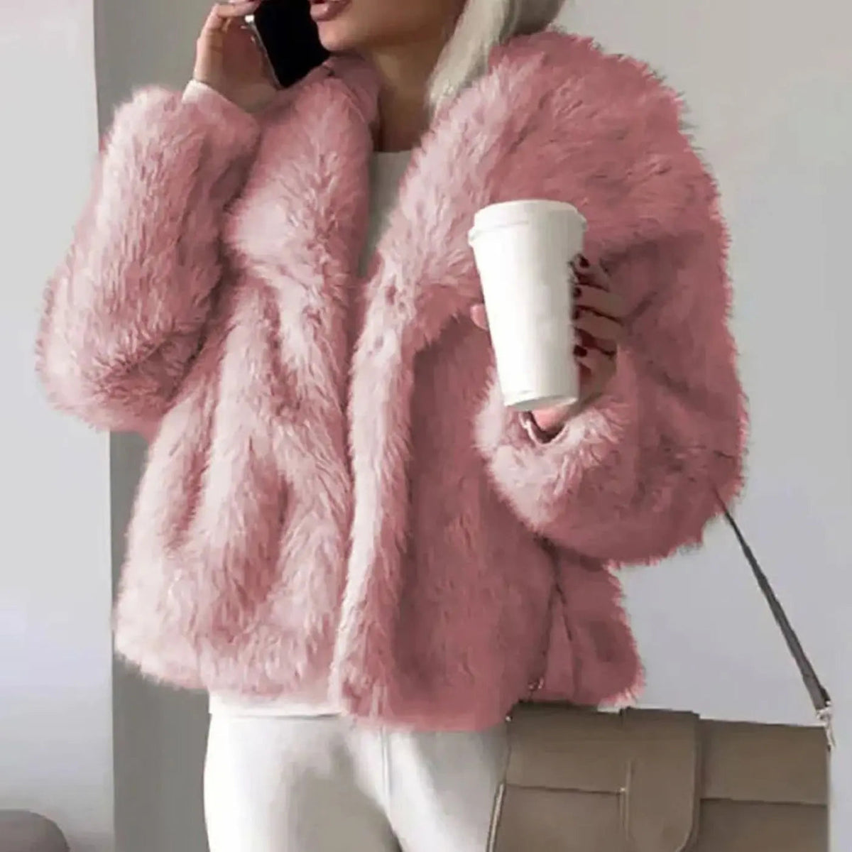 Chic Cropped Open-Front Fur Jacket with Wide Lapels