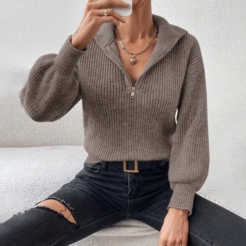 Chunky Knit Sweater with Half Zip and Wide Collar