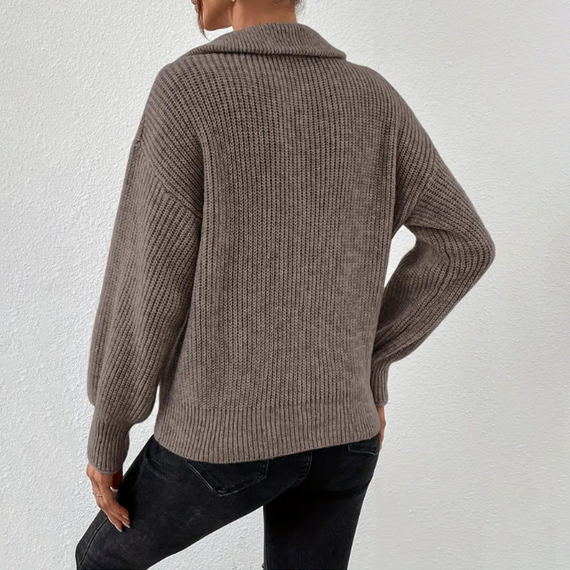 Chunky Knit Sweater with Half Zip and Wide Collar