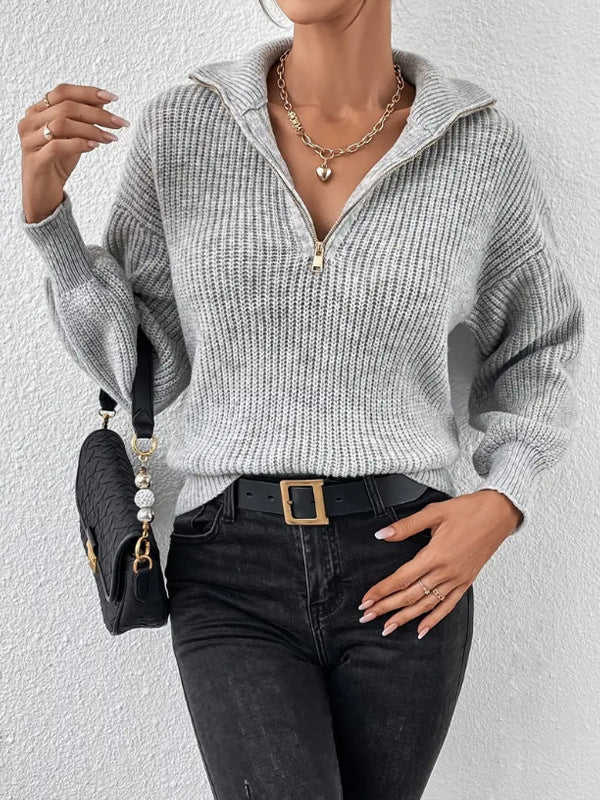 Chunky Knit Sweater with Half Zip and Wide Collar