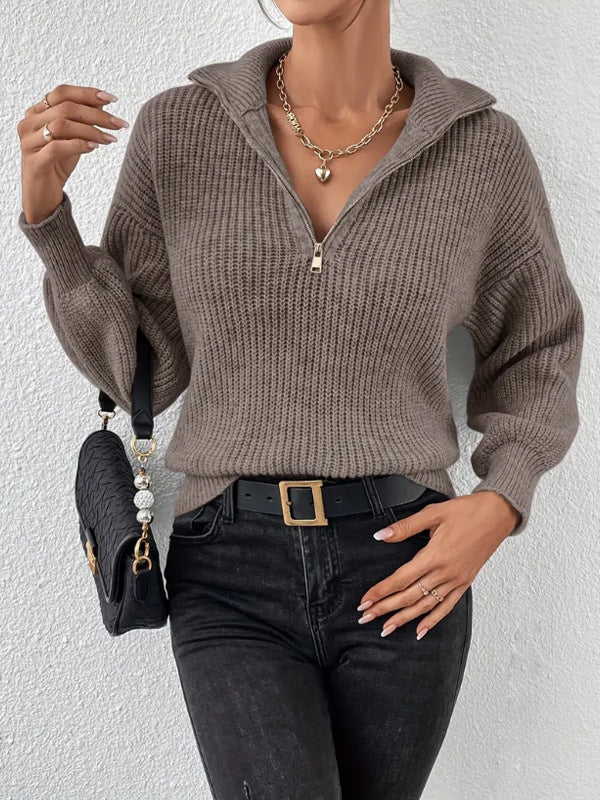 Chunky Knit Sweater with Half Zip and Wide Collar