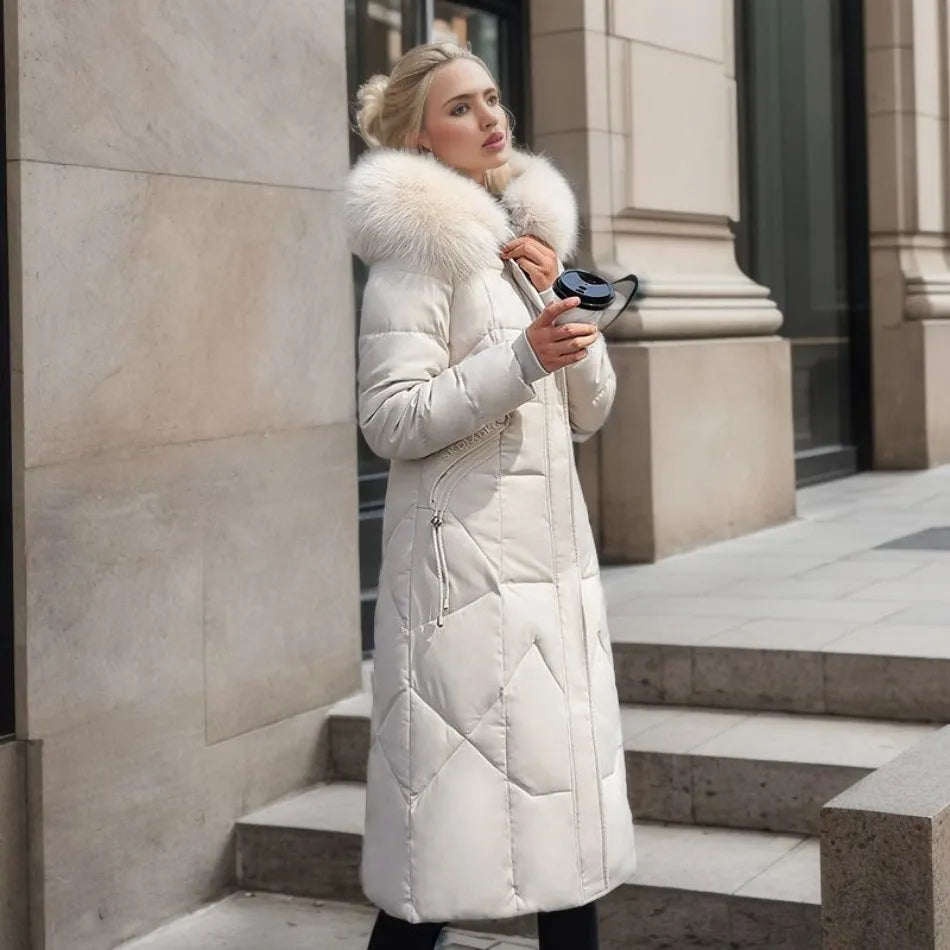 Cora Women's Long Puffer Coat with High Collar and Quilted Design