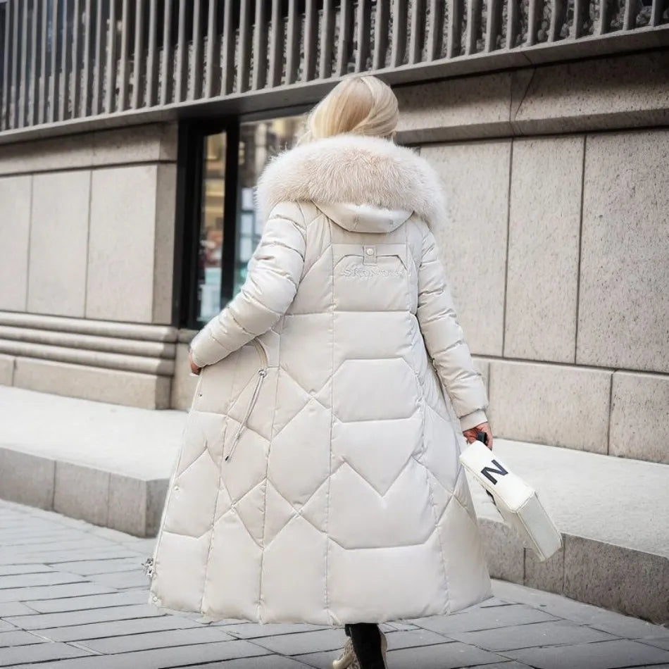 Cora Women's Long Puffer Coat with High Collar and Quilted Design