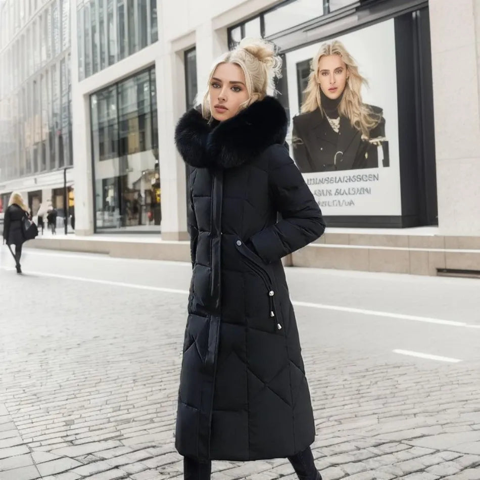 Cora Women's Long Puffer Coat with High Collar and Quilted Design