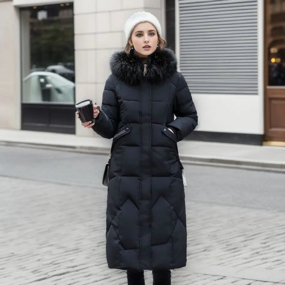 Cora Women's Long Puffer Coat with High Collar and Quilted Design