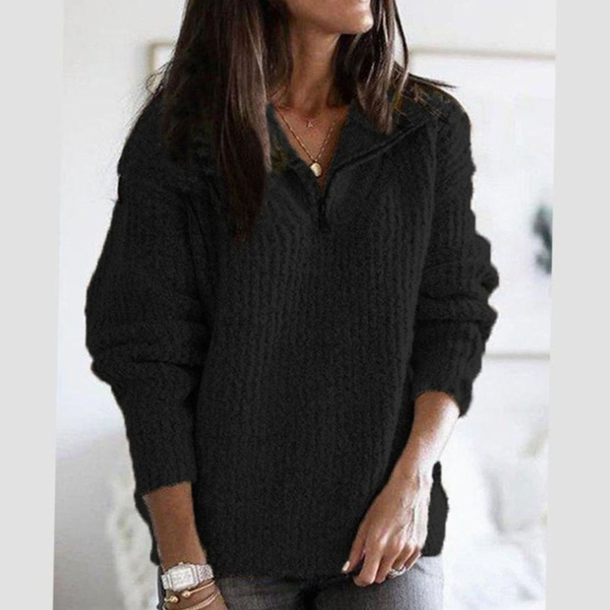 Cosy Half Zip Knit Sweater with Collar and Cable Texture