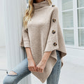 Cosy Turtleneck Knit Poncho with Button Shoulder Detail
