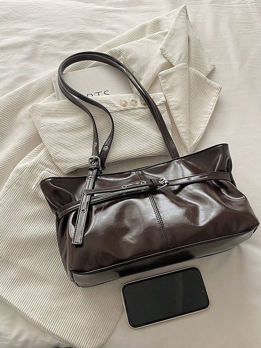 Dark Brown Leather Shoulder Bag with Belt Buckle Detail