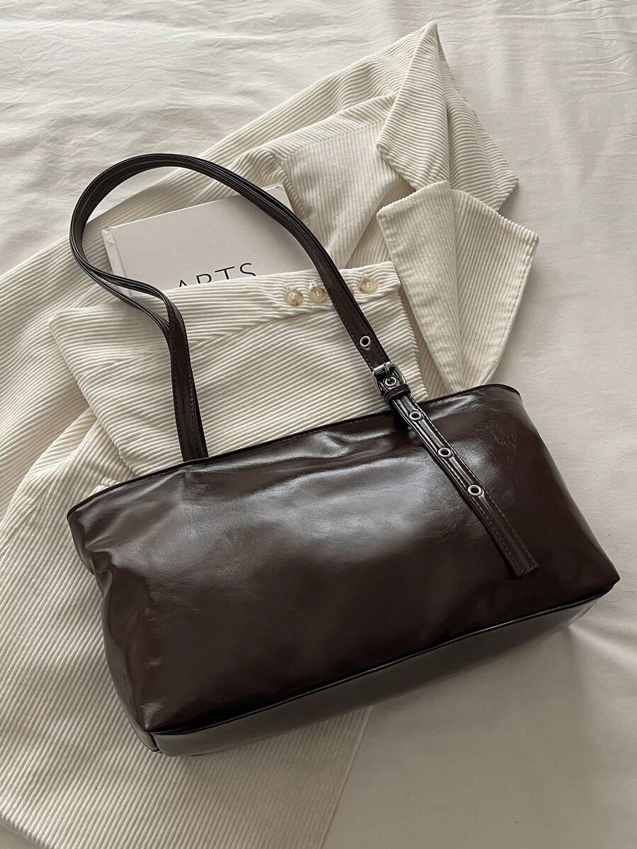 Dark Brown Leather Shoulder Bag with Belt Buckle Detail