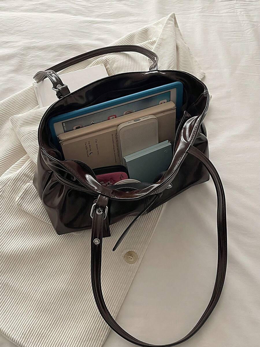 Dark Brown Leather Shoulder Bag with Belt Buckle Detail