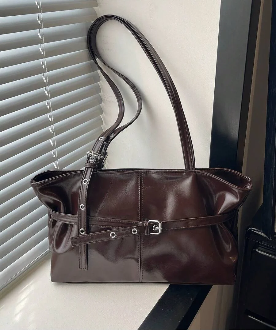 Dark Brown Leather Shoulder Bag with Belt Buckle Detail