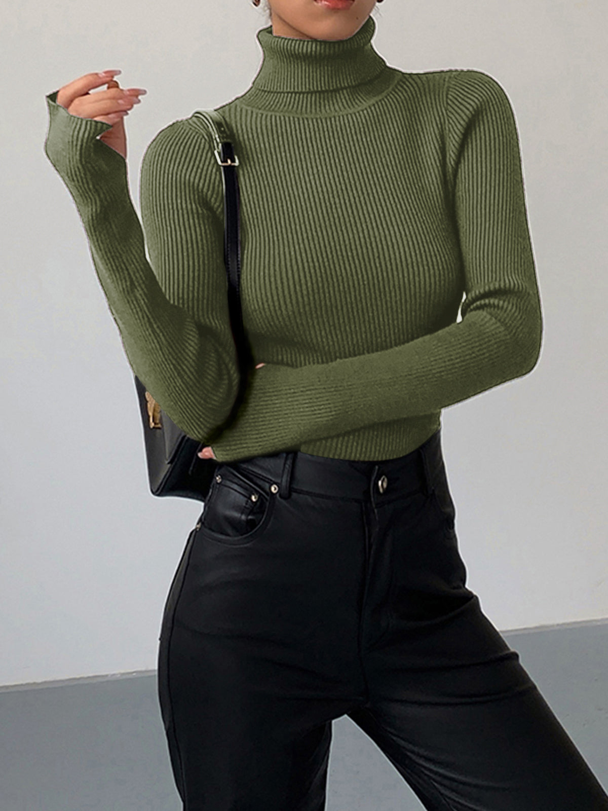 Fitted Ribbed Turtleneck Sweater with Long Sleeves