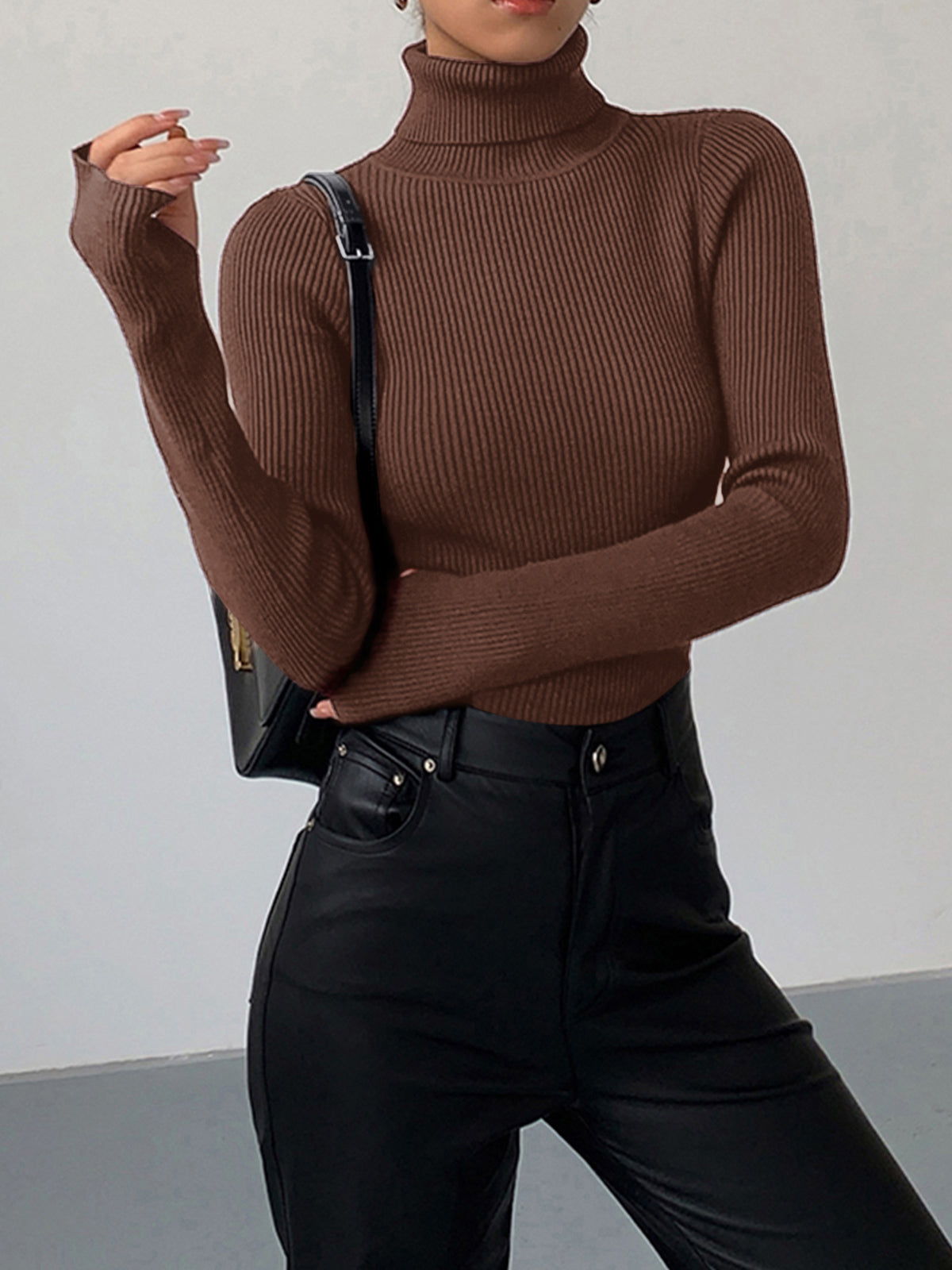 Fitted Ribbed Turtleneck Sweater with Long Sleeves