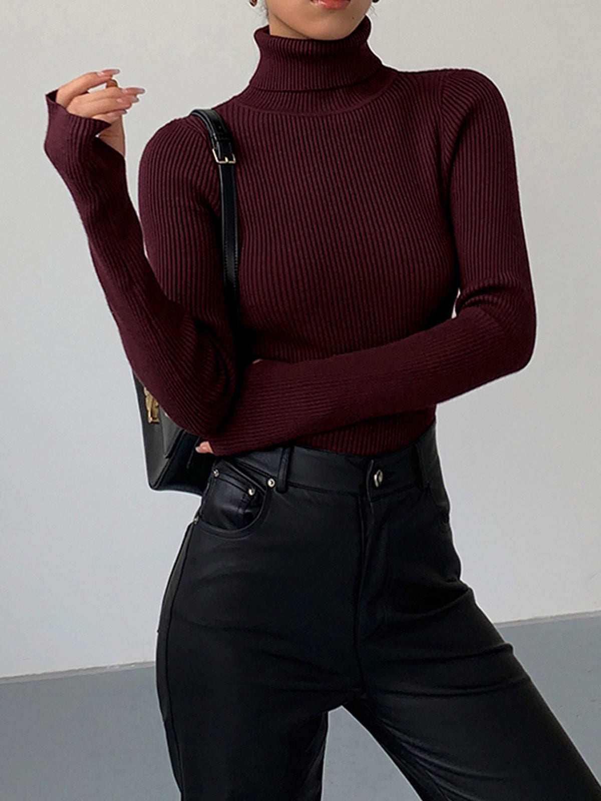 Fitted Ribbed Turtleneck Sweater with Long Sleeves