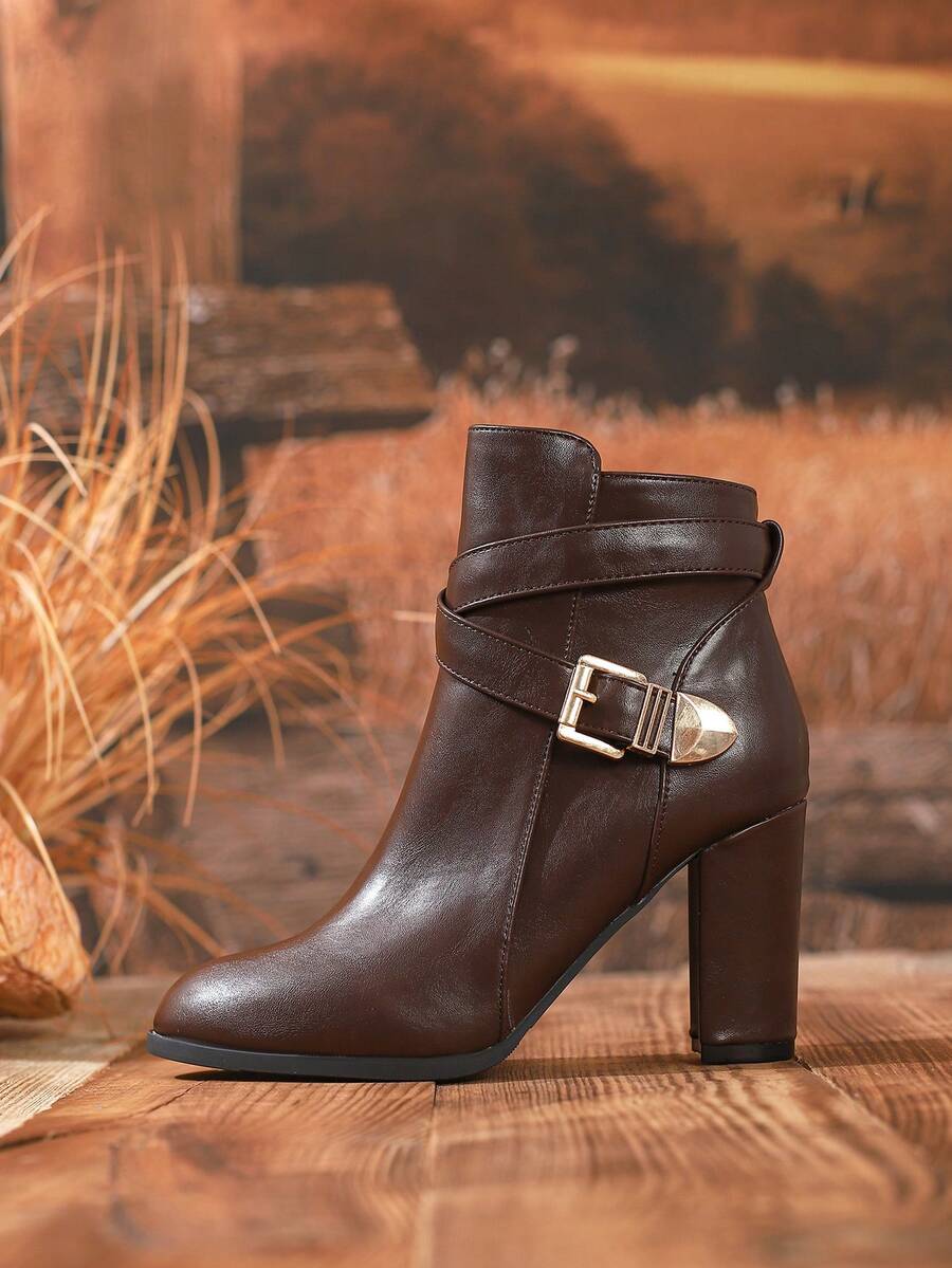 Heeled Leather Ankle Boots with Crossover Buckle Strap