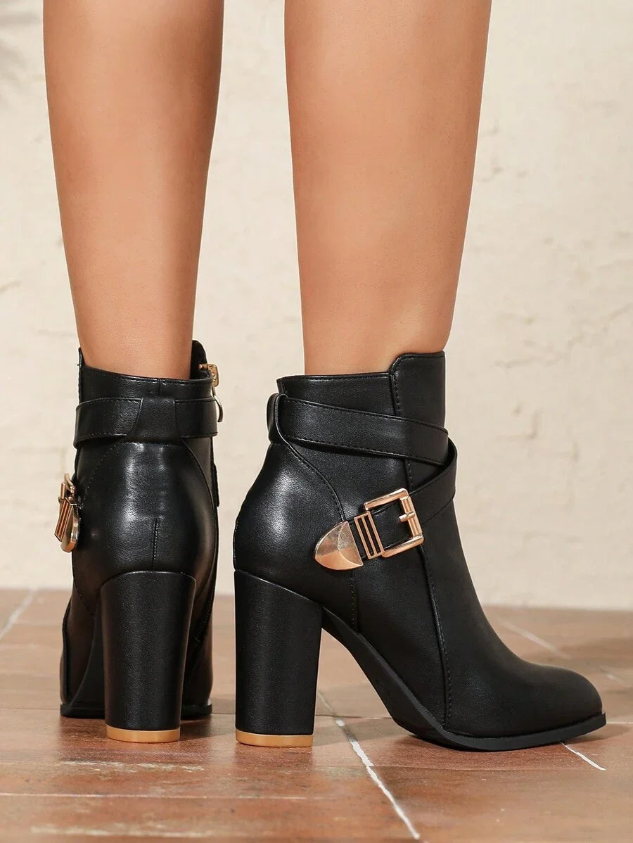 Heeled Leather Ankle Boots with Crossover Buckle Strap
