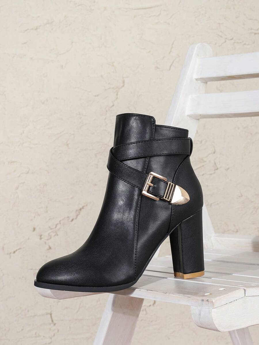 Heeled Leather Ankle Boots with Crossover Buckle Strap