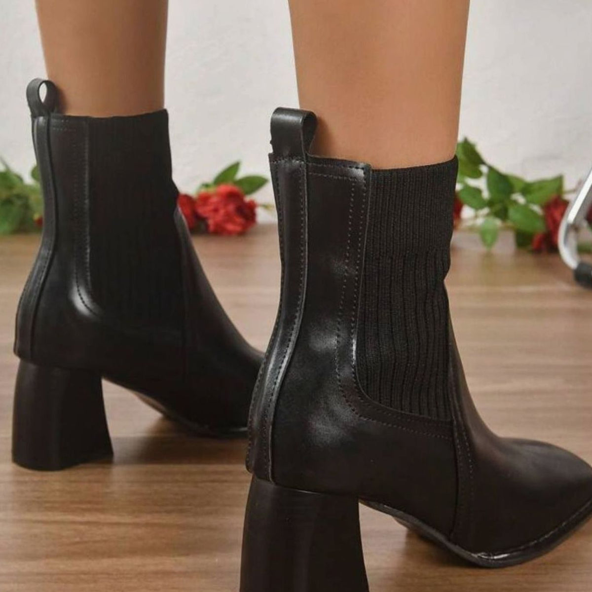 Heeled Leather Ankle Boots with Knit Panel and Block Heel