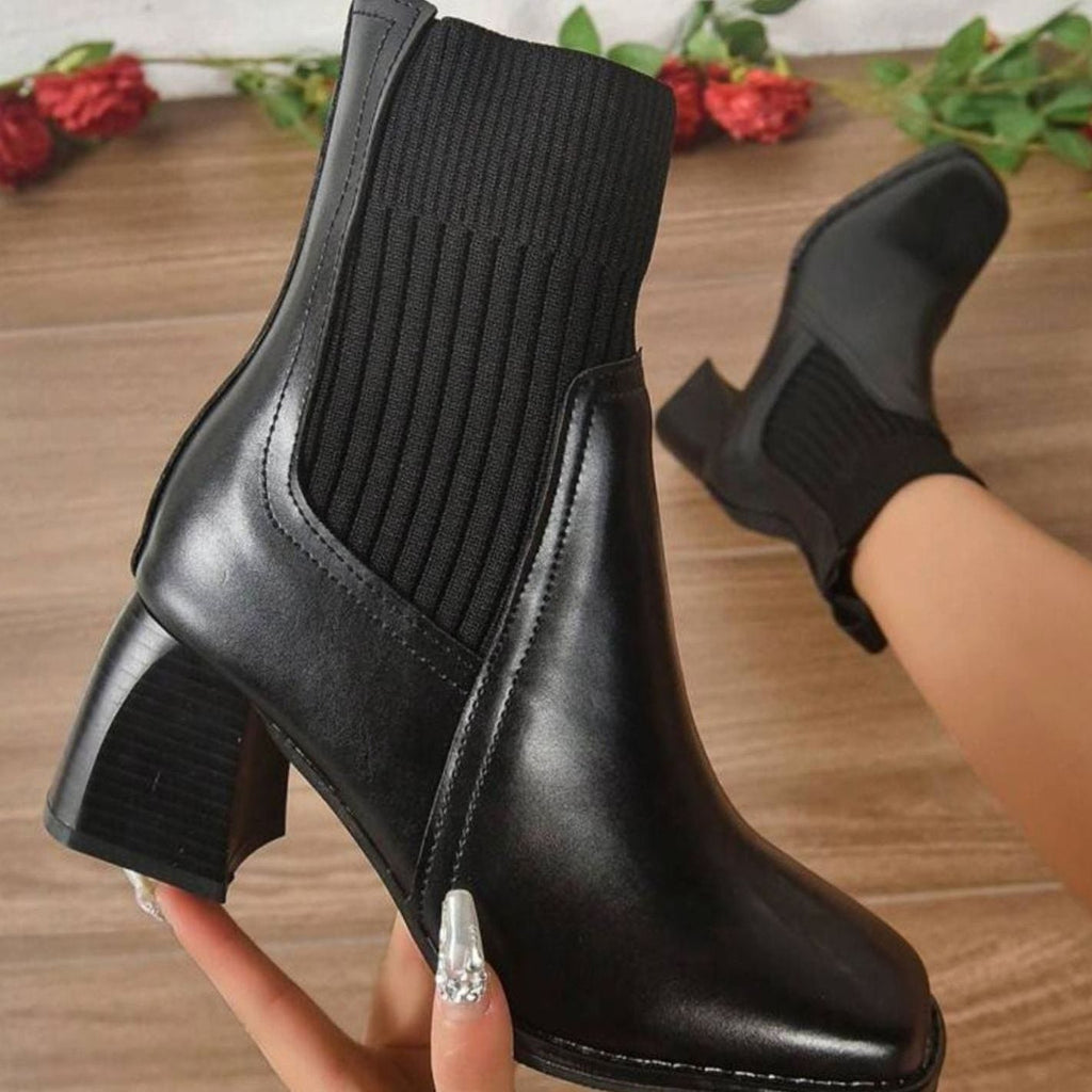 Heeled Leather Ankle Boots with Knit Panel and Block Heel