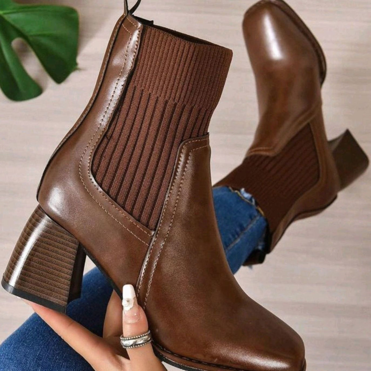 Heeled Leather Ankle Boots with Knit Panel and Block Heel