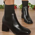 Heeled Leather Ankle Boots with Knit Panel and Block Heel