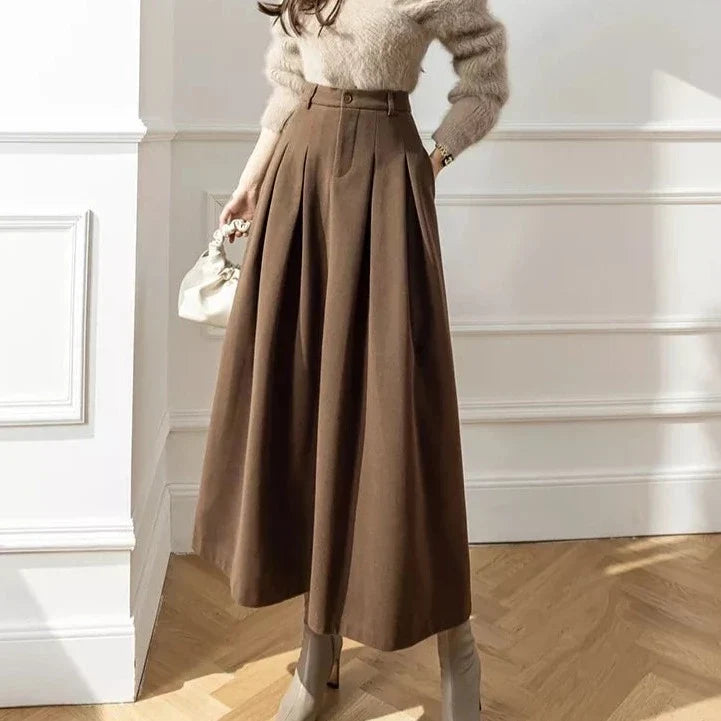 High Waist Pleated A-Line Midi Skirt in Warm Brown