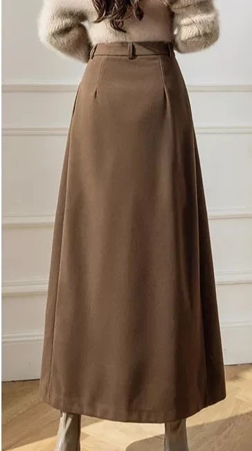 High Waist Pleated A-Line Midi Skirt in Warm Brown