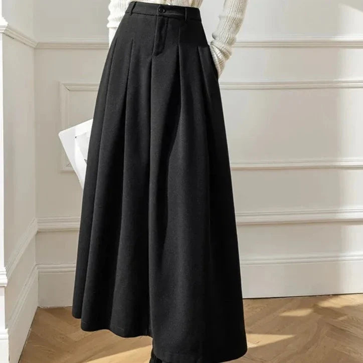 High Waist Pleated A-Line Midi Skirt in Warm Brown