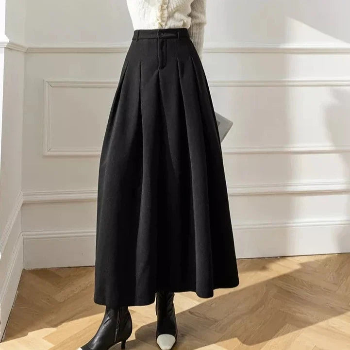High Waist Pleated A-Line Midi Skirt in Warm Brown