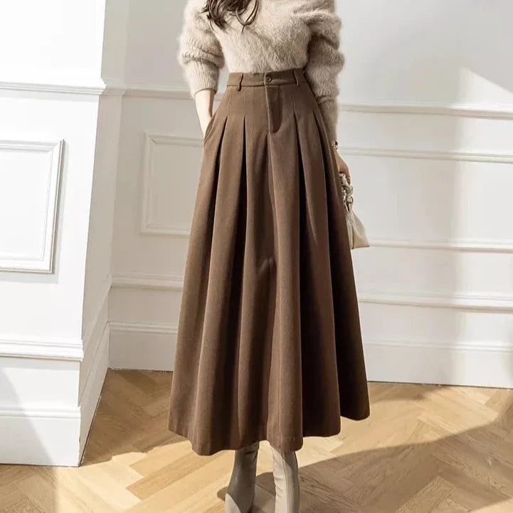High Waist Pleated A-Line Midi Skirt in Warm Brown