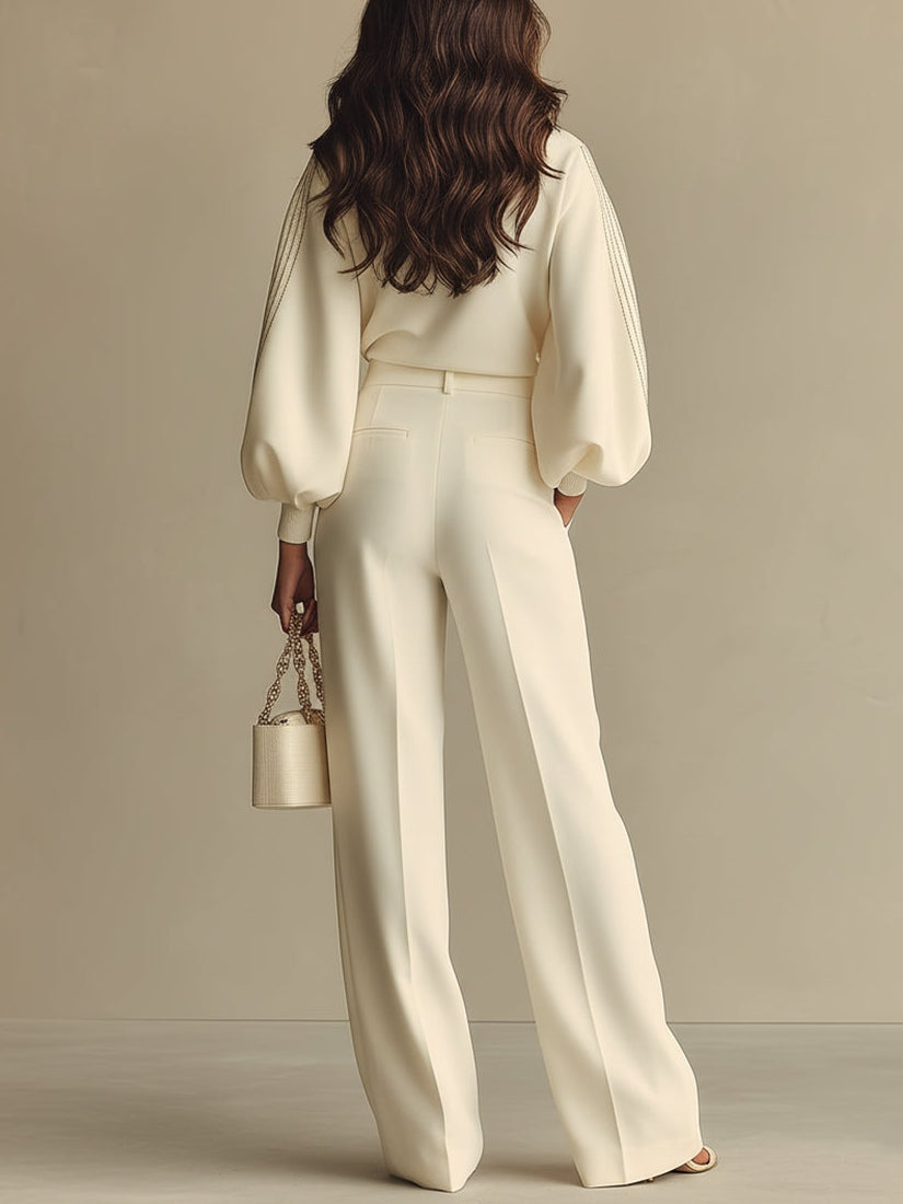 Ivory Knit Two Piece Set with Puff Sleeves and Wide Leg Trousers