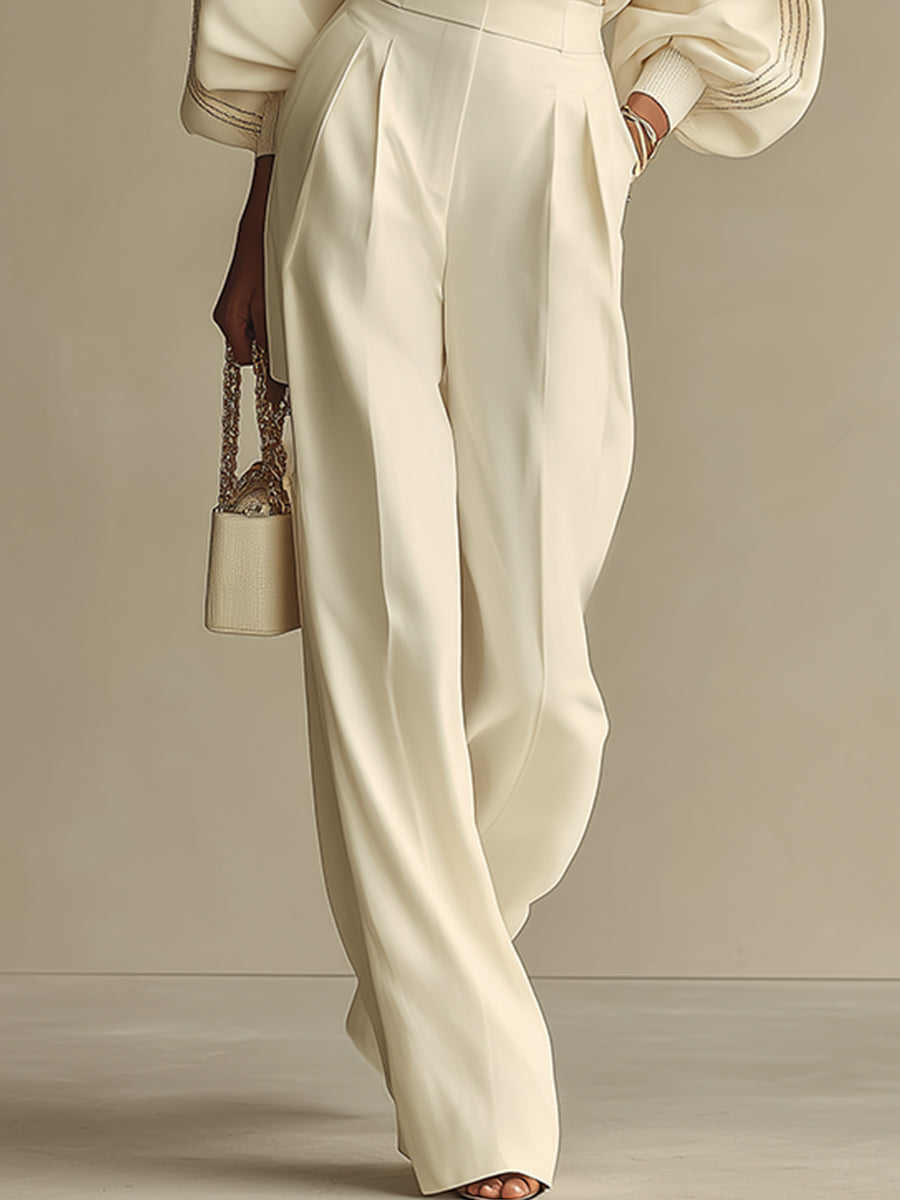 Ivory Knit Two Piece Set with Puff Sleeves and Wide Leg Trousers