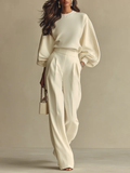 Ivory Knit Two Piece Set with Puff Sleeves and Wide Leg Trousers