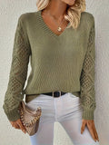 Knit Sweater with V-Neckline and Open Knit Sleeves