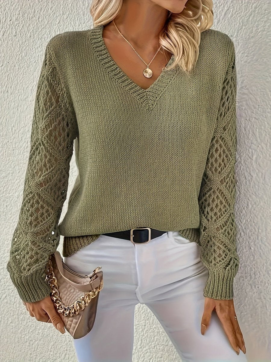 Knit Sweater with V-Neckline and Open Knit Sleeves