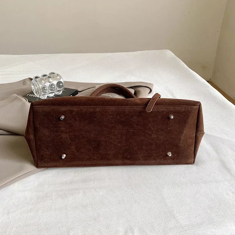 Large Suede Shoulder Bag with Belt Buckle Detail