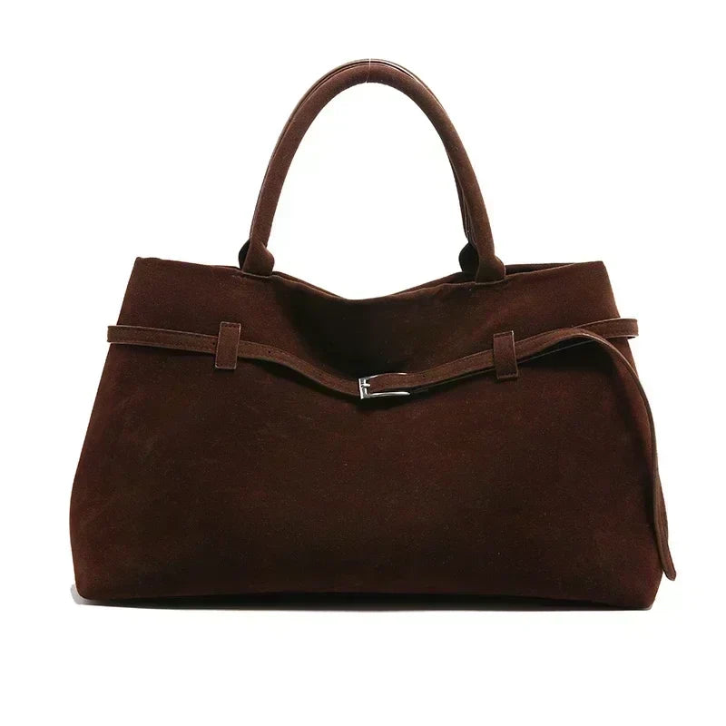 Large Suede Shoulder Bag with Belt Buckle Detail