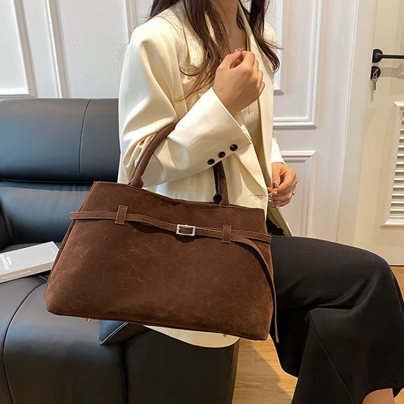 Large Suede Shoulder Bag with Belt Buckle Detail