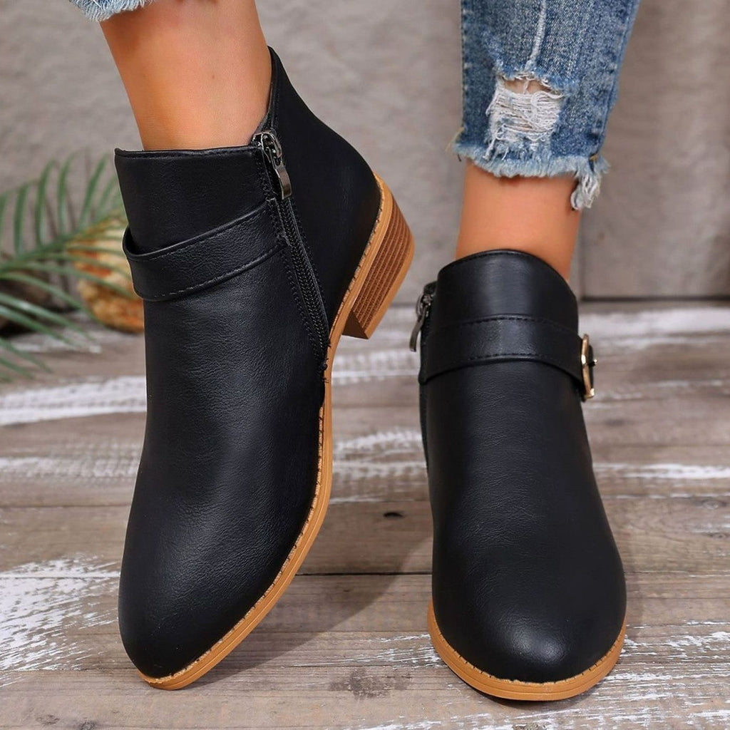 Leather Ankle Boots with Buckle Strap and Block Heel