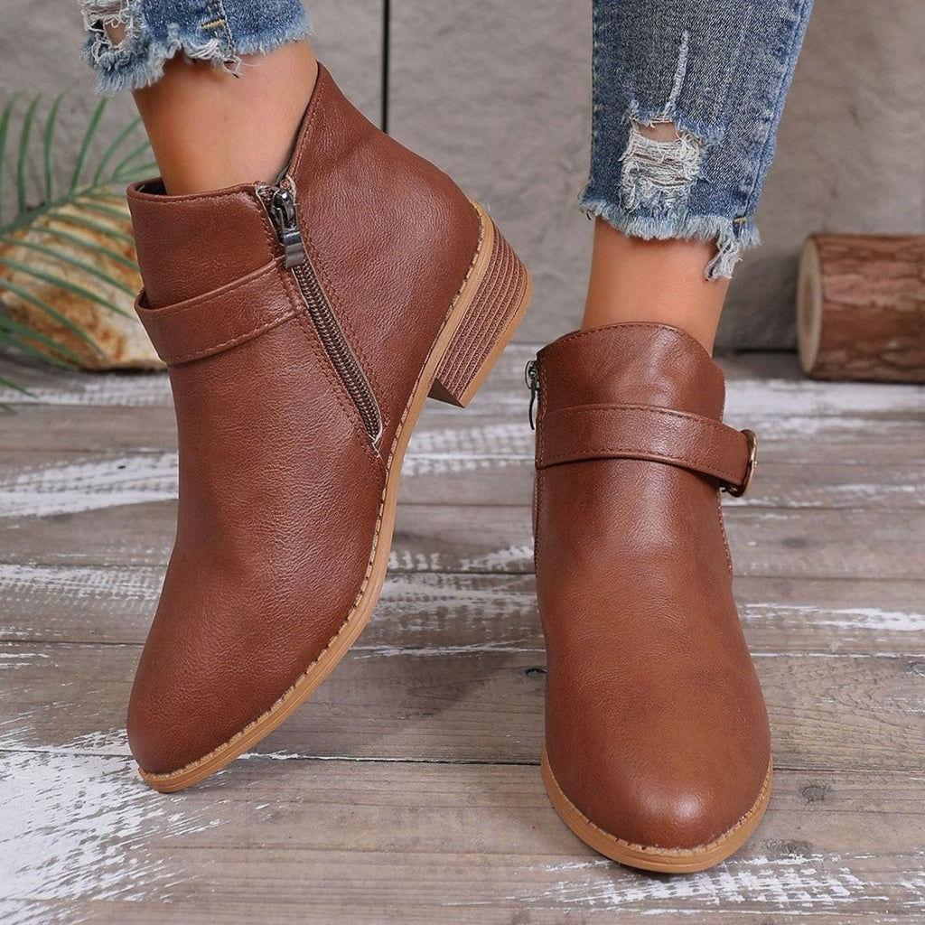 Leather Ankle Boots with Buckle Strap and Block Heel