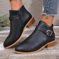 Leather Ankle Boots with Buckle Strap and Block Heel