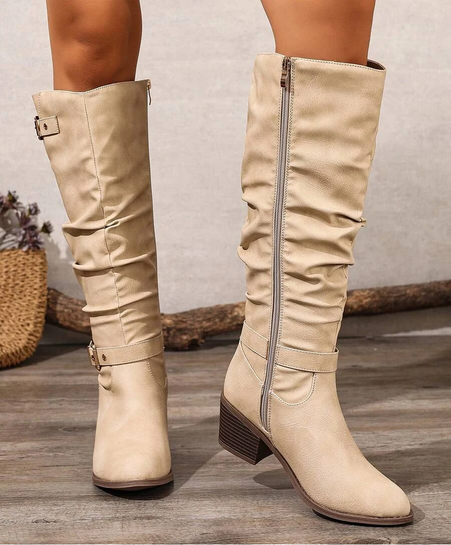Leather Knee High Boots with Double Buckle and Block Heel