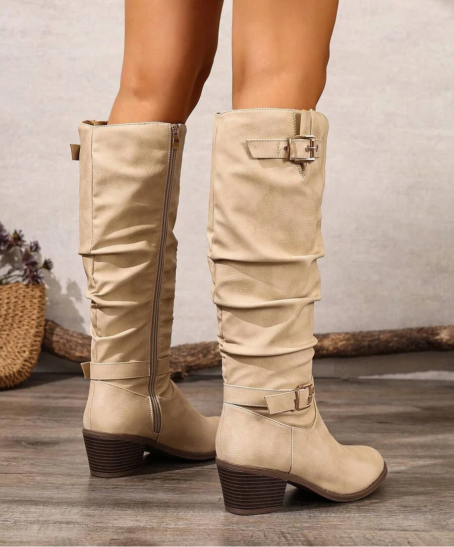 Leather Knee High Boots with Double Buckle and Block Heel