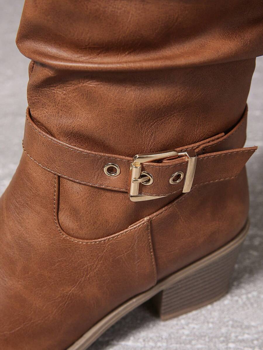 Leather Knee High Boots with Double Buckle and Block Heel