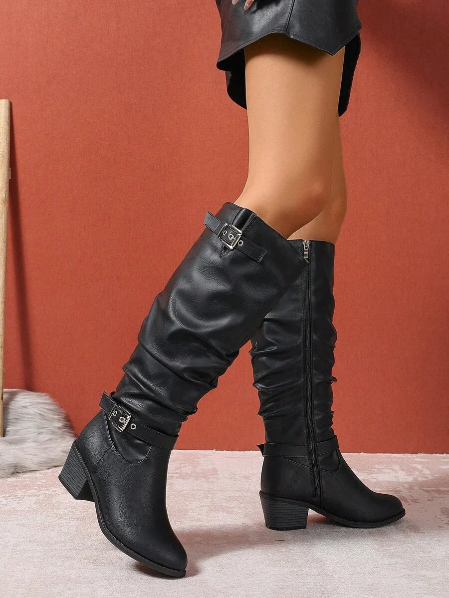 Leather Knee High Boots with Double Buckle and Block Heel